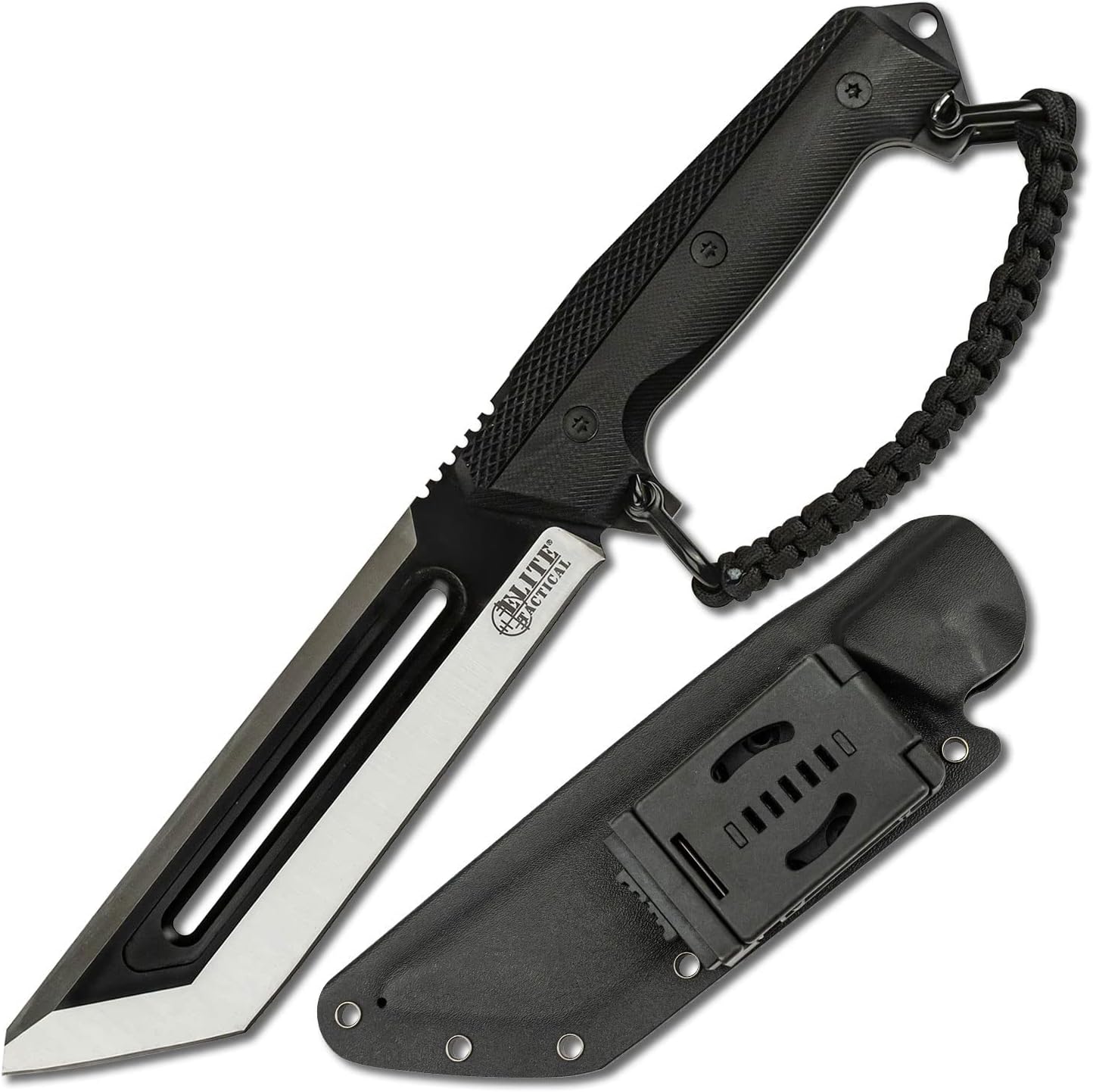 Elite Tactical -Fixed Blade Knife - The RIG - Fine Edge Tanto Blade with Black G10 Handle, Full Tang Construction, 550 Paracord D Guard, Kydex Sheath with Multi-Position Clip, Tactical, ET-FIX004BK