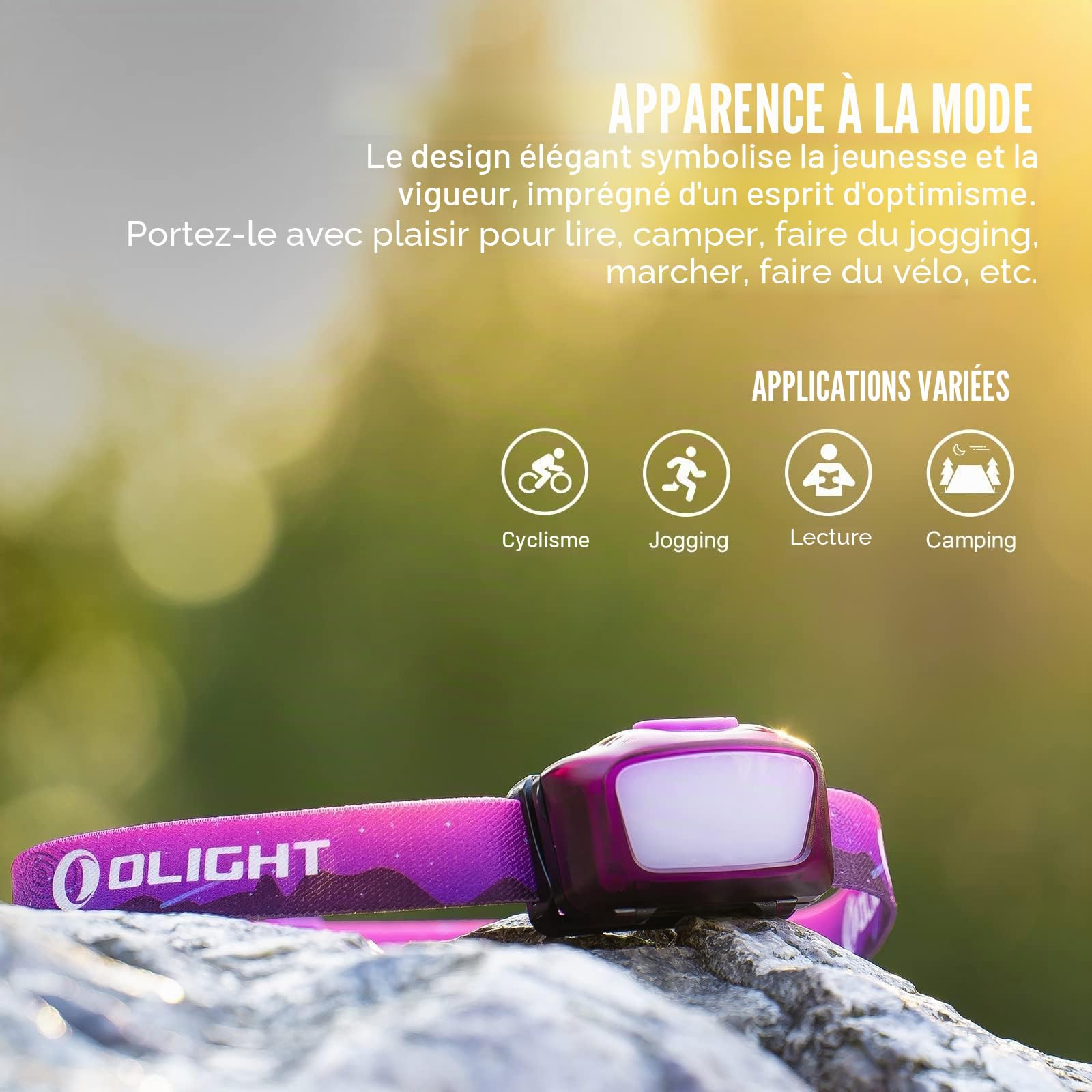 OLIGHT H05 Lite Lampe frontale LED, lampe frontale légère à 5 modes avec bandeau réglable, alimentée par 2 piles AAA, équitation (rose)
