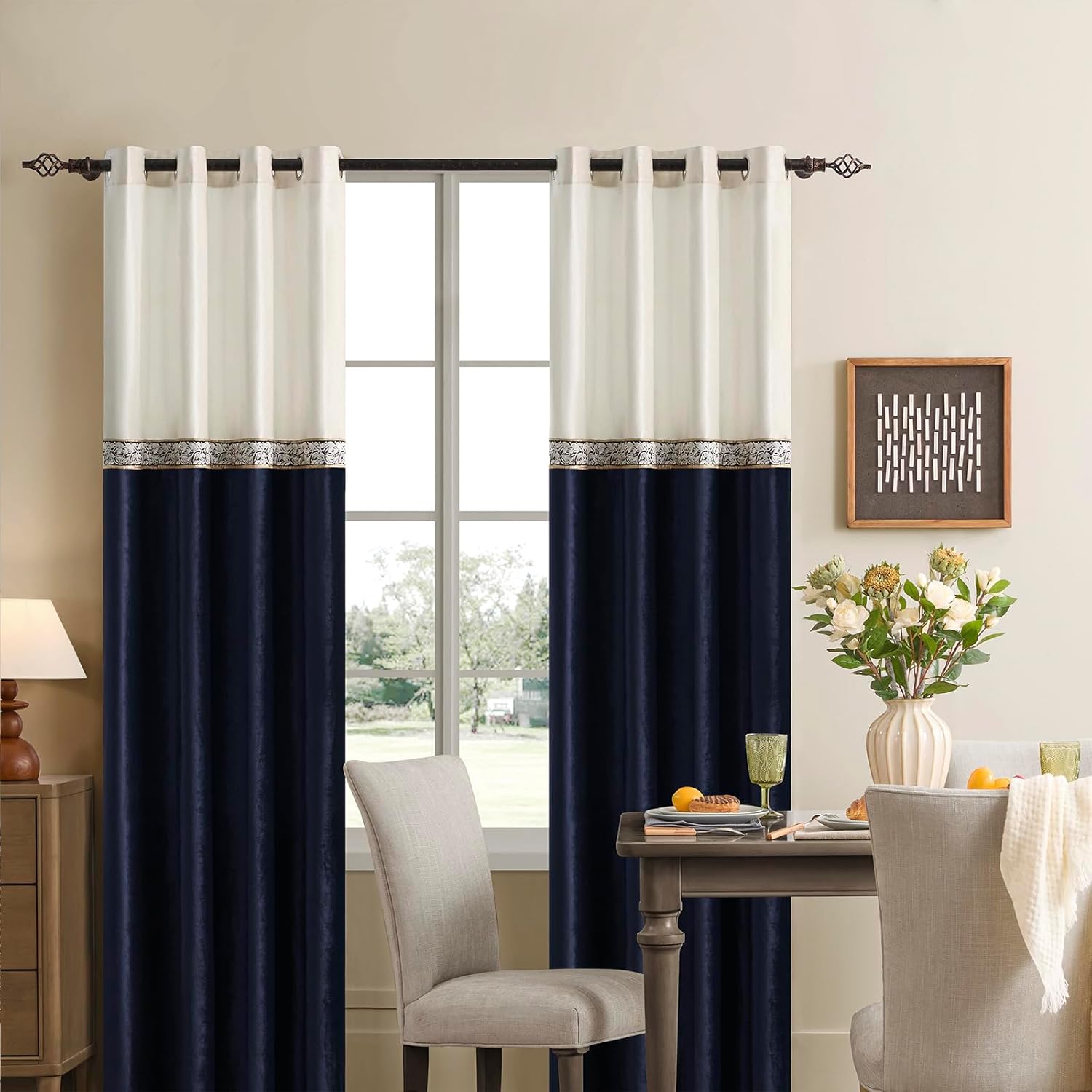 GIGIZAZA Vintage Velvet Curtains for Living Room 84 Inches Long Ivory Navy 2 Panels Set Window Treatment Retro Curtain Embroidered Floral Drapes Blackout Curtains