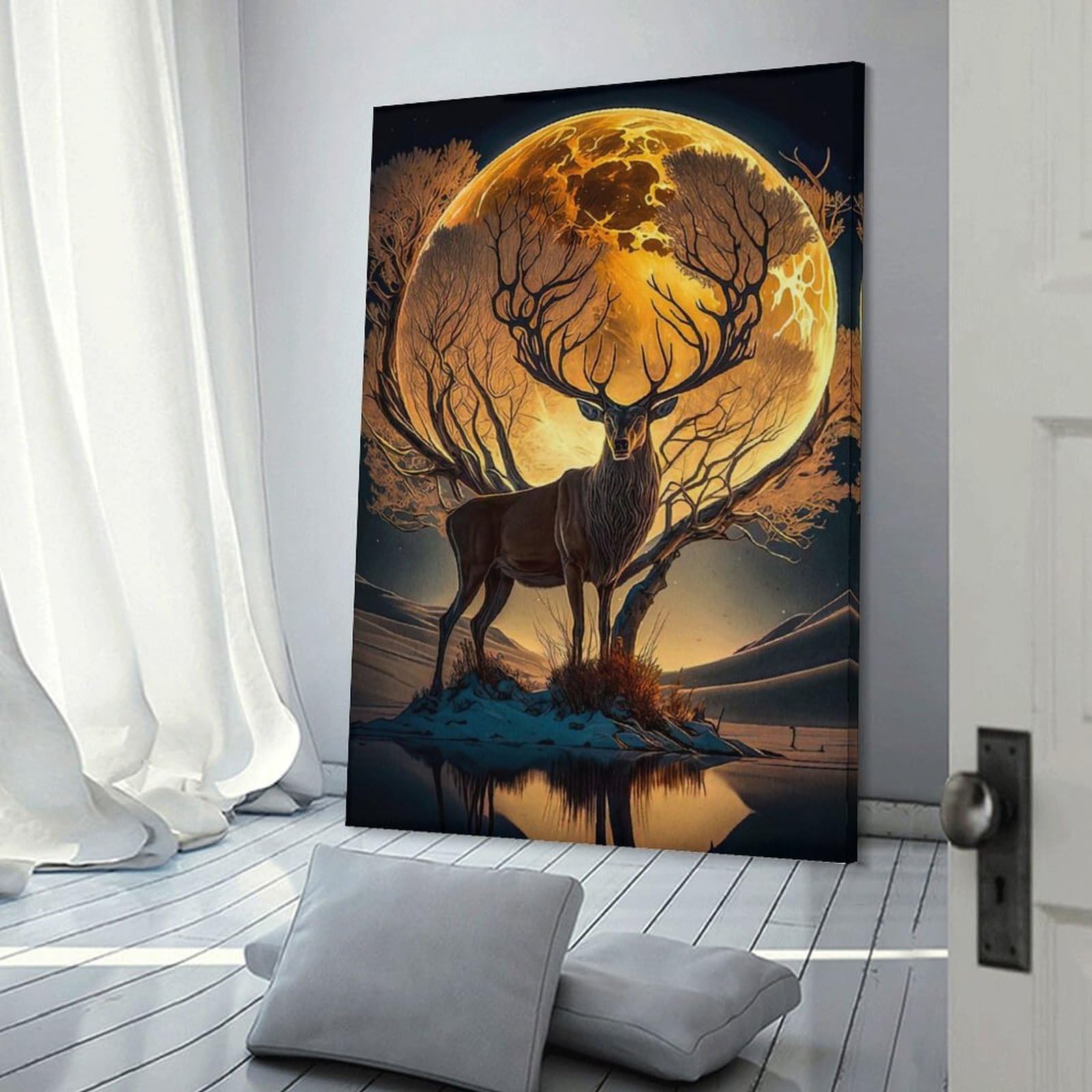 Junmoney Frame-Deer Moon Landscape Wall Picture Print Deer Moon Landscape, 08X12inch(20X30cm), For Apartments, Flats Or New Home Decor, A Simple Refresh For Blank Walls