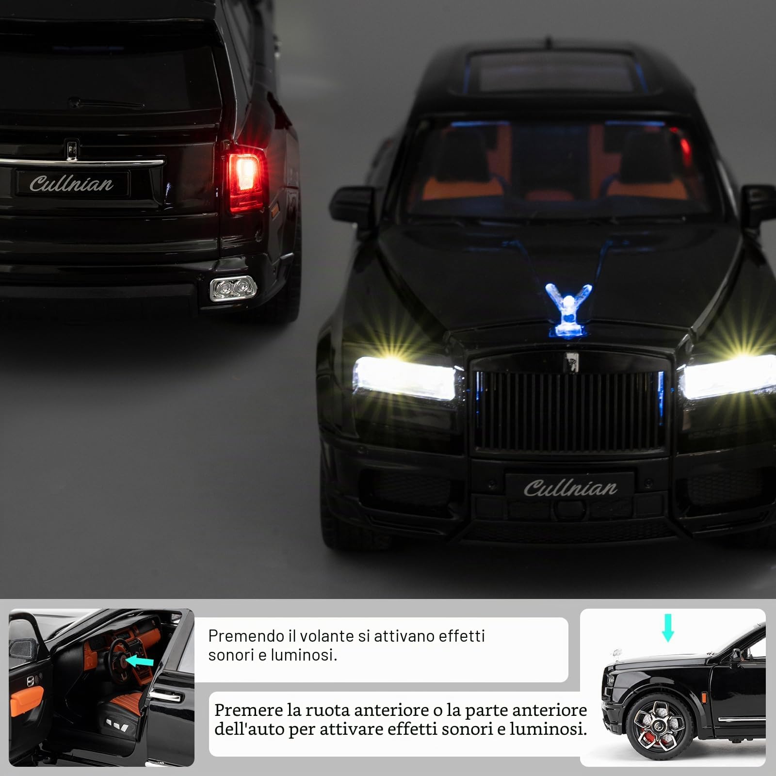 imtfzct 1/24 Rolls Royce Cullinan Alloy modellino auto giocattolo da collezione, regalo per bambini, auto giocattolo con funzione audio e luce e funzione pull-back (nero