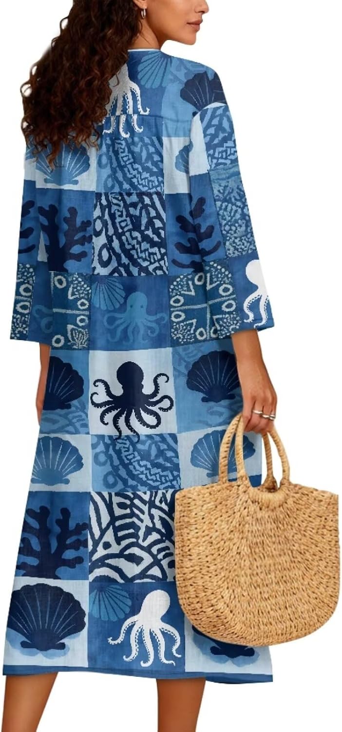 Loose Dress Midi Dresses for Women Sun Dress V Neck Dress Linen Texture for Dating