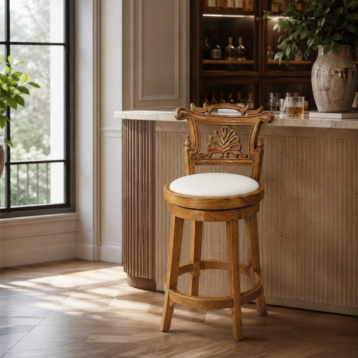 Premium Solid Teak Wood Bar Chair with Foam Fabric Upholstered Seat,Finish and Semi Matt Coating (Teak Colour, Velvet White Fabric, Teak Wood)-image-23
