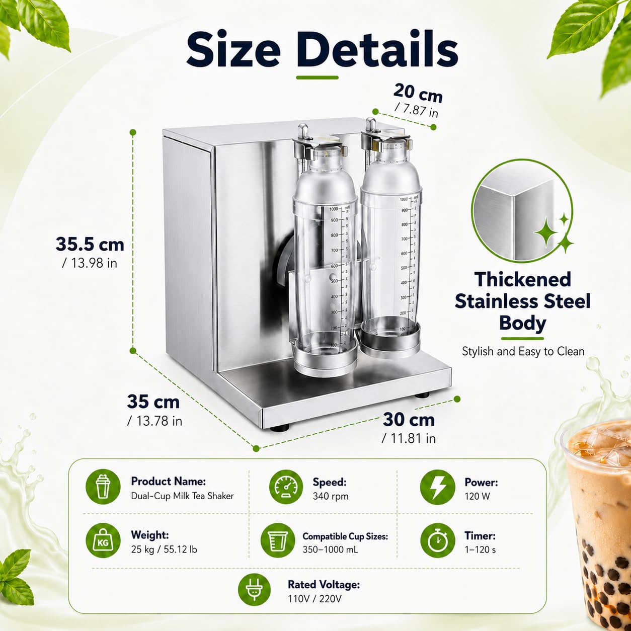 Shaker Eléctrico para Cócteles 120W, Doble Vaso, Temporizador | 340 rpm; Inox; Soportes 350–1000 ml; Inicio Rápido; Parada de Emergencia; Base Lastrada; Incluye 2 Vasos Shaker; Cóctel, Bar