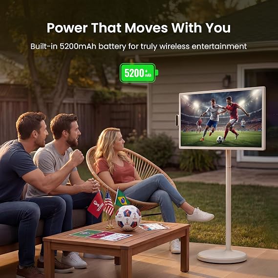ApoloSign 24 Inch FHD Smart Portable TV on Wheels, Android 16 EDLA Certified, 128GB Storage, Built-in 5200mAh Battery, Voice Remote, Touch Screen TV with Rolling Stand for Home, Office - Gen2