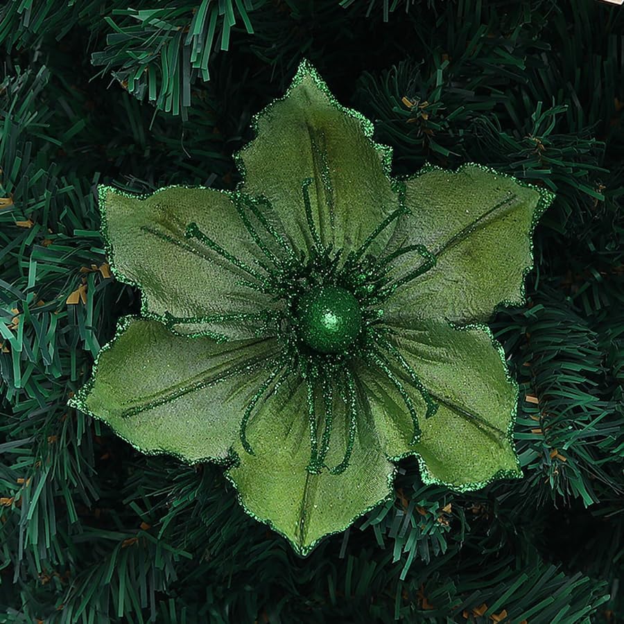 10 Pack Christmas Magnolia Flowers Glitter Christmas Artificial Magnolia Flowers with Stems Artificial Poinsettia Flowers Christmas Tree Floral Ornaments for Xmas Tree Party Home Decorations (Green)