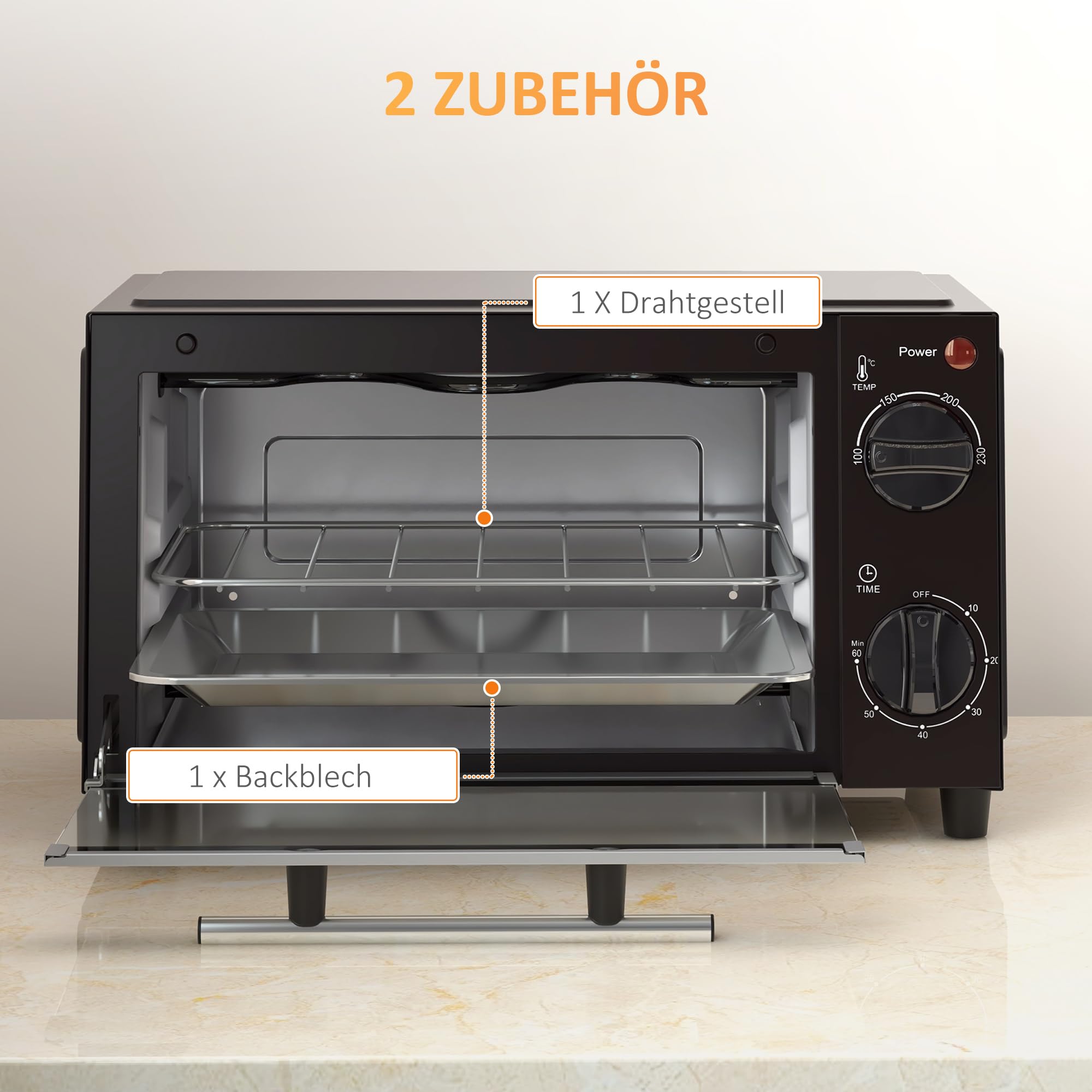 HOMCOM Mini Backofen 9 L 750W 100-230℃ 60 Min. Timer inkl. Backblech, Grillrost, Glas Fenster, Platzsparend Minibackofen Pizza-Ofen, Schwarz