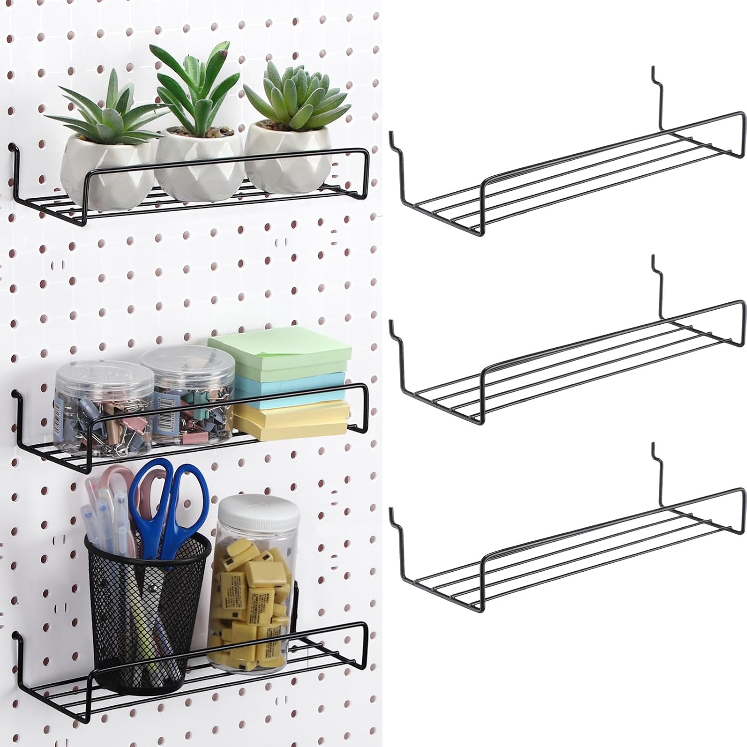 Wonderjune 6 Pack Pegboard Shelves 10 x 3.5 x 1.6 Inches Peg Board Hooks Racks Wall Iron Shelf Organizer Attachments Accessories Display for Organizing Various Tools for Home Garage Workbench Kitchen