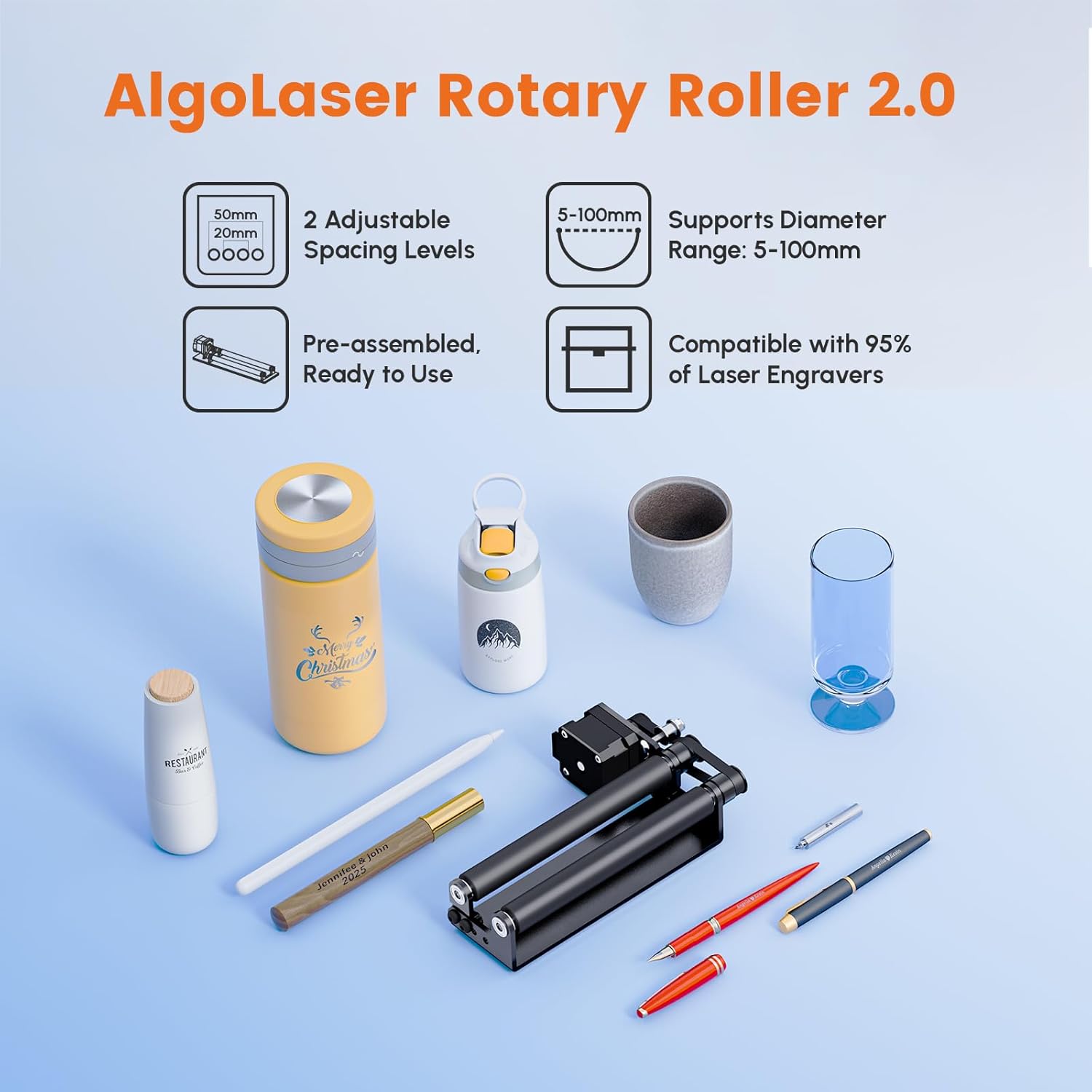 Algolaser Mini Rotary Roller - 360° Adjustable Rotary Roller for Laser Engraver Accessories - Y-axis Rotary Roller Attachment for Cylindrical Objects Tumblers,Bottle – No Laser Function