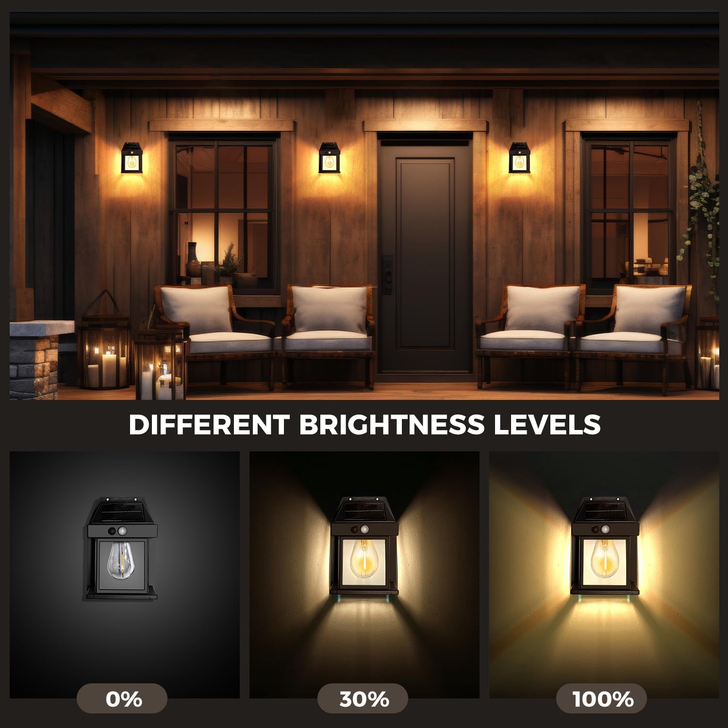 Three images showing the pearlstar solar wall light at different brightness levels: 0% (off), 30% (low light), and 100% (full brightness).