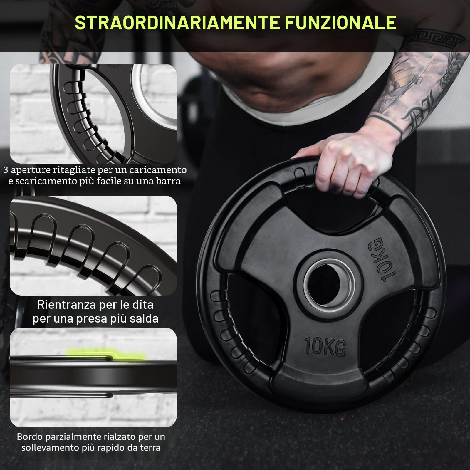 PhysKcal Dischi Pesi Finitura in Gomma Foro Ø50 mm, Dischi Ghisa Gommati Olimpionici Set a Scelta da 1,25 A 25 kg, Tri-Grip Impugnatura - Piastra per Bilanciere, Manubri, Fitness, Allenamento a Casa