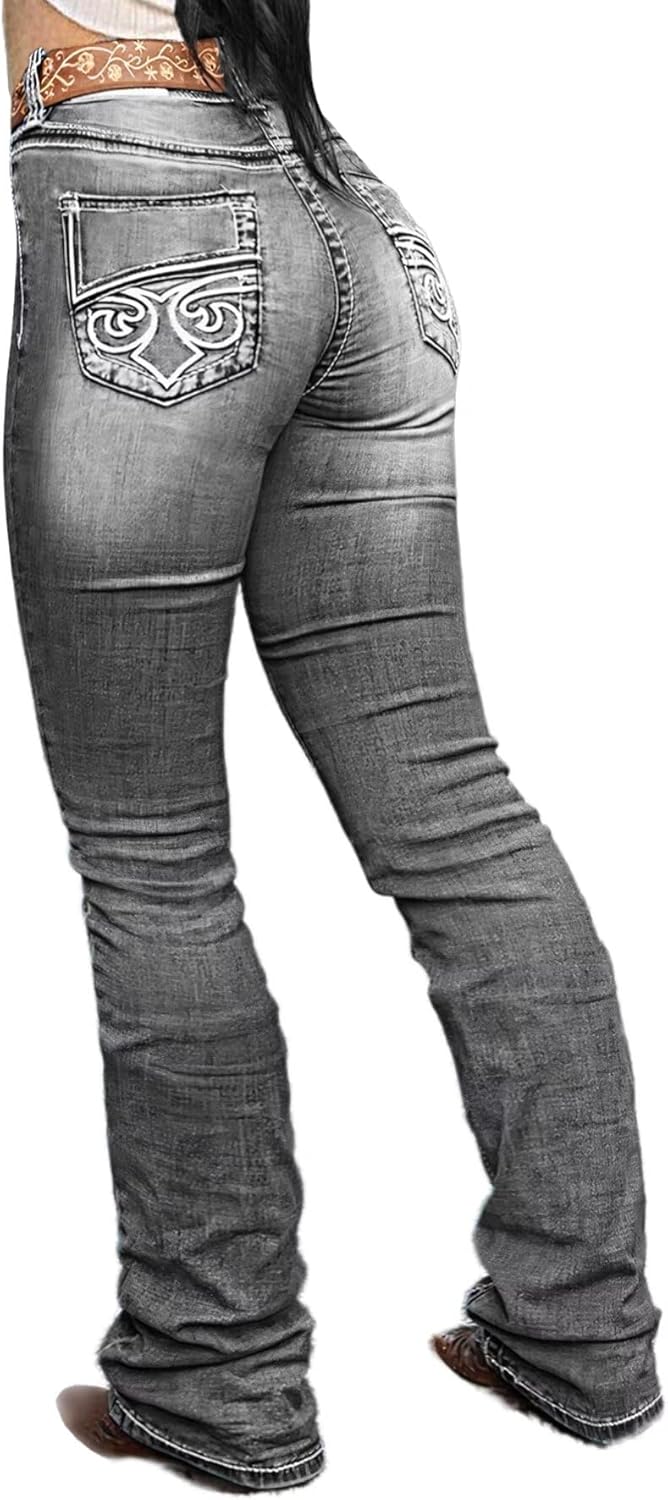 Flamingals Boot Cut Jeans for Women Trendy Stretch Jeans Butt Lifting Tummy Control Denim Pants Sea Blue 2XL