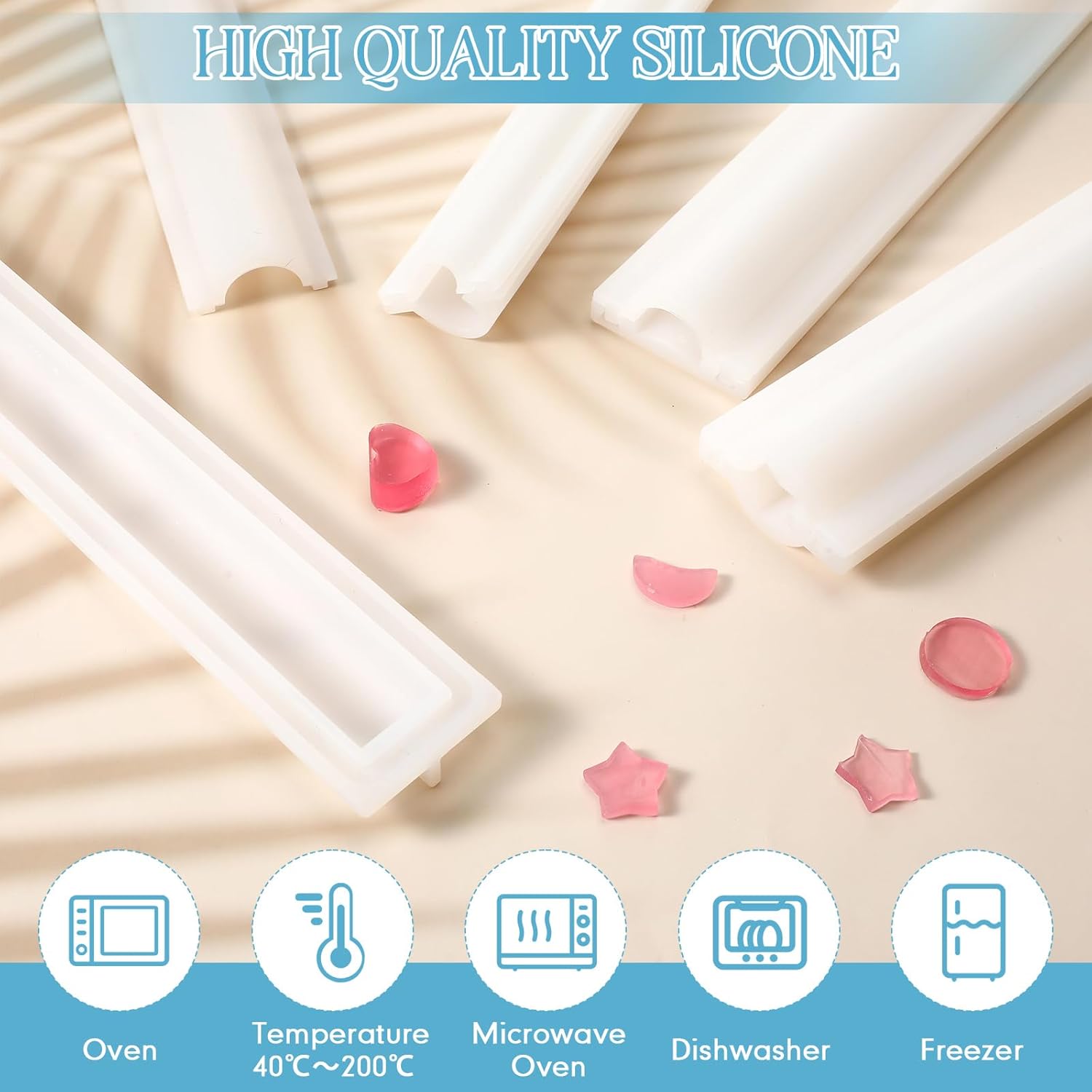 4 Pcs Silicone Soap Mold Long Moon Round Star Heart Tube Column Chocolate Candle Embed Soap Making Supplies for DIY Handmade Mousse Loaf Dessert Cake Craft Art
