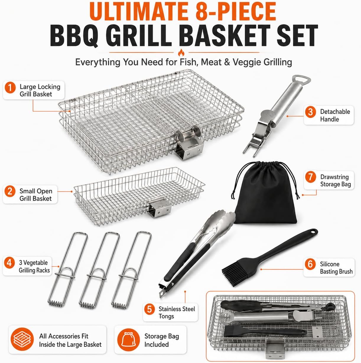 8-Piece BBQ Grill Basket Set - Stainless Steel Vegetable Grilling Basket with Detachable Handle & Lid, Portable Fish Grilling Basket & Meat Roaster, Grilling Gifts for Men Dad image 2
