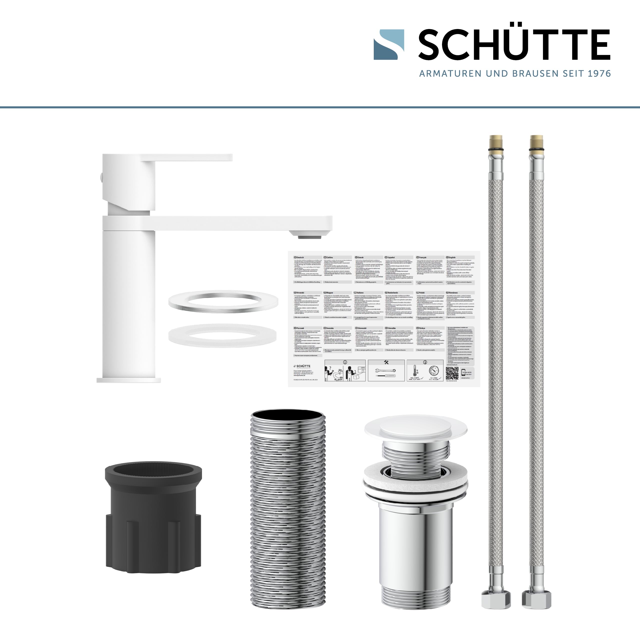 SCHÜTTE MANHATTAN 33018 armatura umywalkowa, kran łazienkowy z zestawem odpływowym, jednouchwytowa bateria łazienkowa z korkiem odpływowym, bateria mieszakowa, umywalka, biała