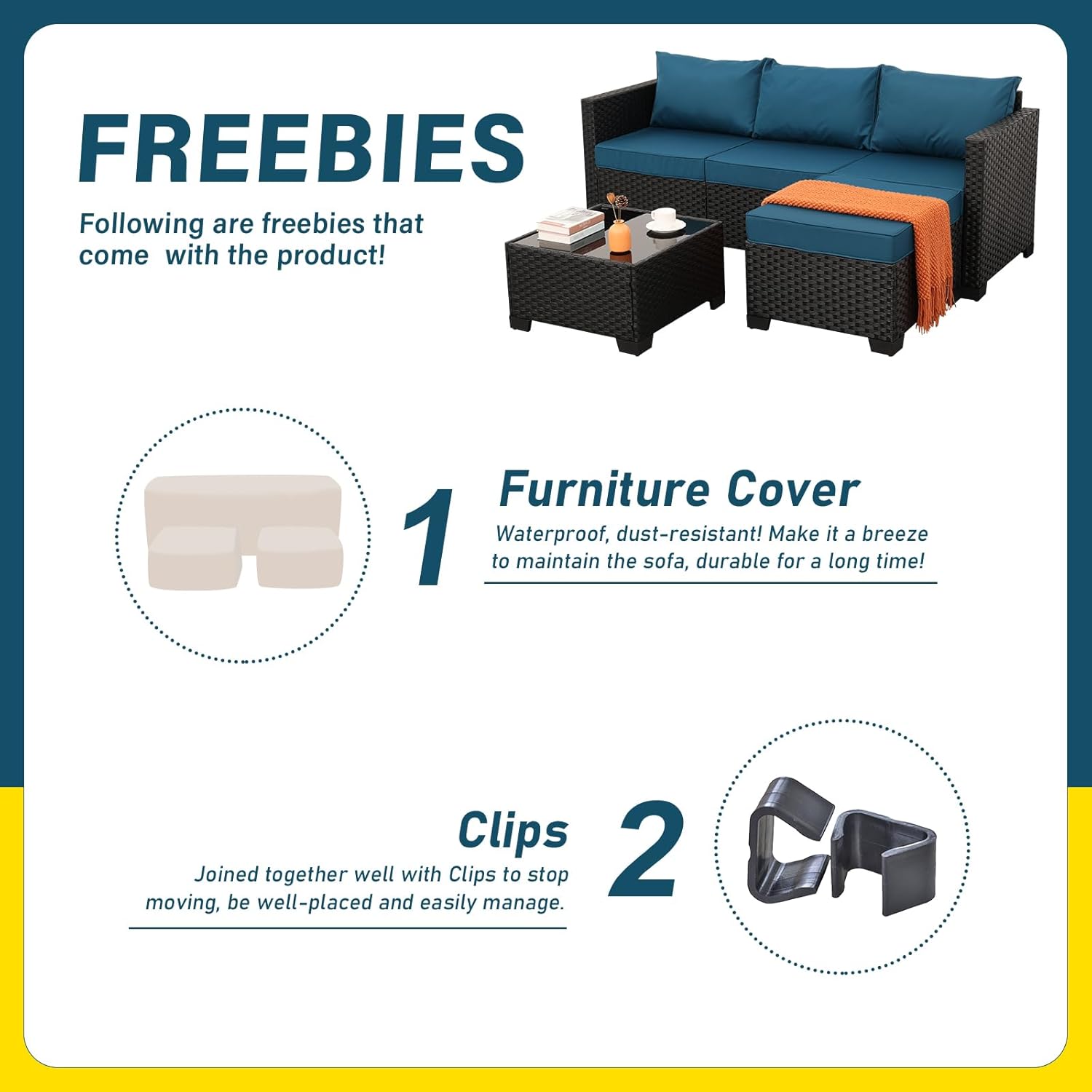 Oasishine 3 Pieces Patio Furniture Set Outdoor Sectional Wicker Patio Furniture Patio Couch with Ottoman and Outdoor Glass Table Weathering Anti-Slip Cushions Waterproof Covers, Peacock Blue