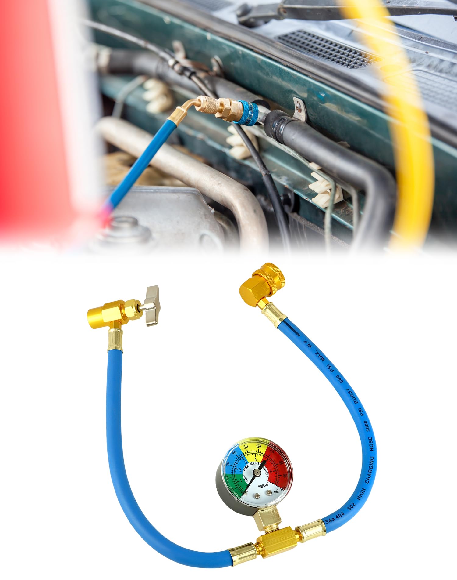 QWORK® R134A wąż do ładowania czynnika chłodniczego, wąż do ładowania czynnika chłodniczego z przyłączem 1/2 i manometrem do systemów chłodniczych w samochodzie