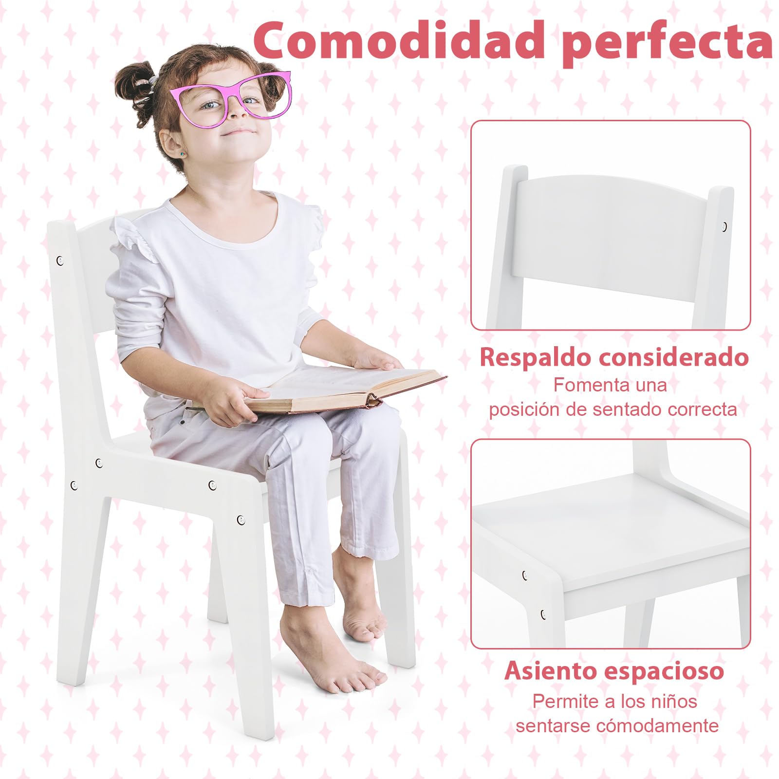 COSTWAY Tocador de Maquillaje Niña con Luces LED 2 Colores, Mesa y Silla para Niños, Espejo Acrílico Blanco