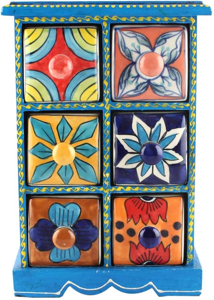 Indian Shelf 1 Piece Vocalforlocal Handmade Multicolor Wooden 6 Drawer Floral Pattern Spice Box Seasoning Masala Organizer Rack Jewellery Container