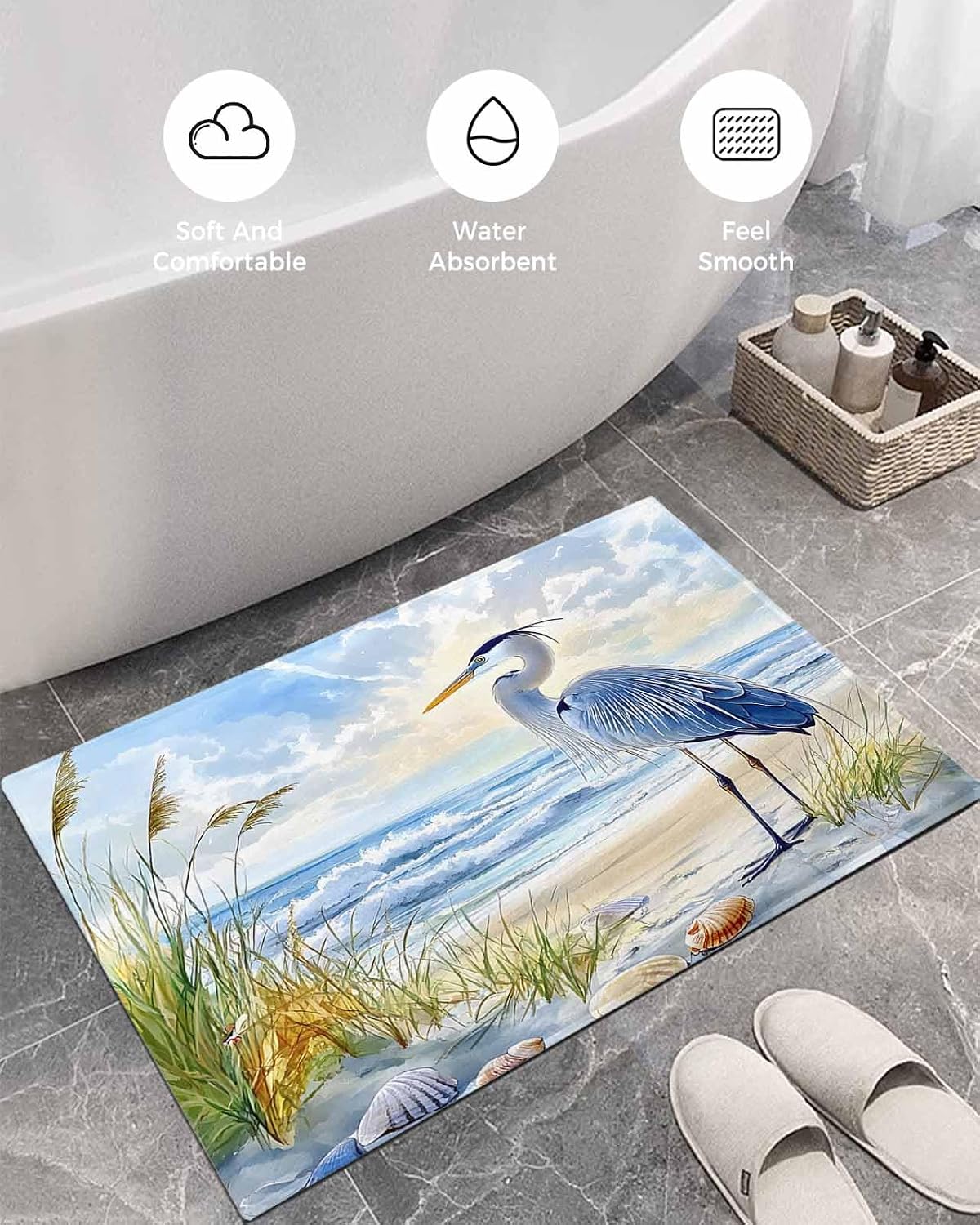 Indoor Doormat Long-beaked Heron in Beach,Shaggy Floor Mat with Non-Skid Backing Nautical Coastal Ocean Seascape,Machine Washable Plush Area Rug Carpets for Kitchen Nursery Bedroom