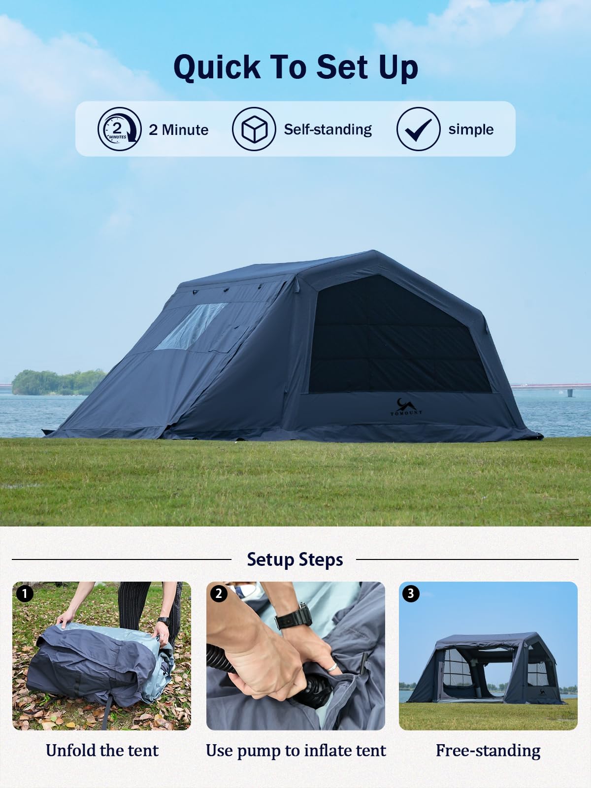 TOMOUNT Tente gonflable pour 6 personnes Tente de camping Tente d'été pour le jardin, tente cloche avec sac de rangement et pompe à air pour camping en plein air, randonnée