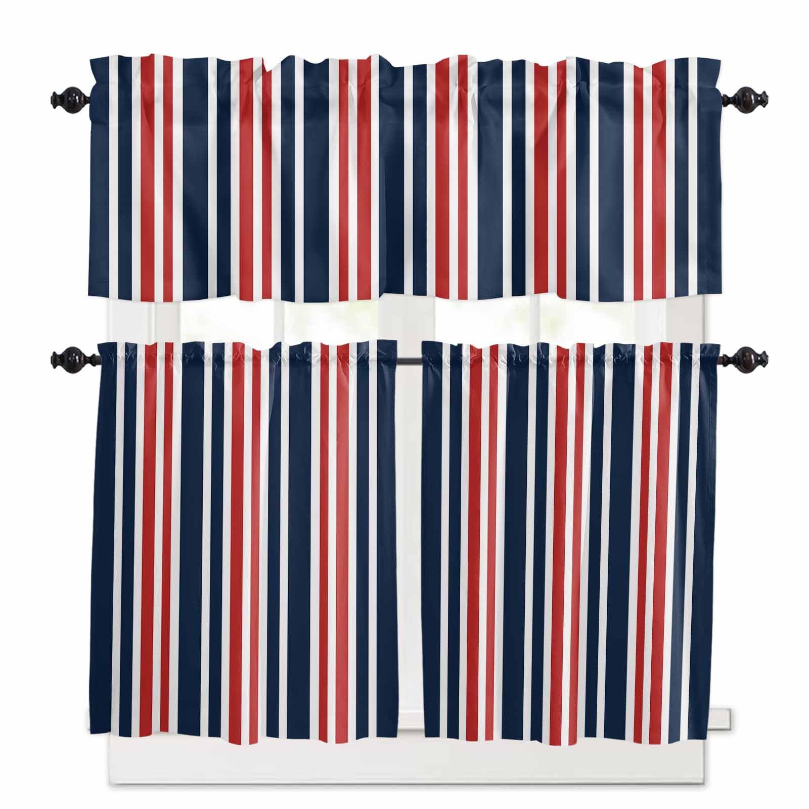 Navy Blue Red Striped Kitchen Curtains 36 Inch Length, 3 Piece Rod Pocket Small Half Tiers and Valance Set, Modern Minimalist Ombre Lines Small Large Window Treatment Decor for Bedroom/Bathroom Sink