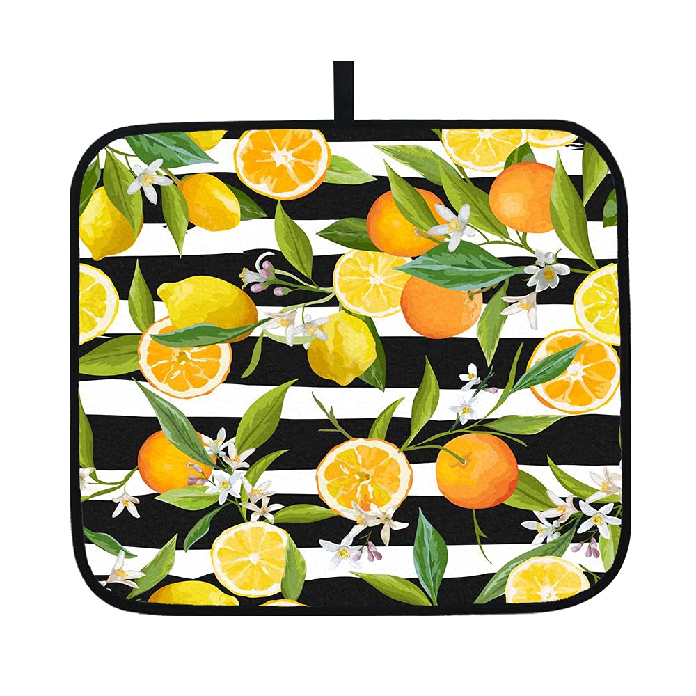 Qiyi Lemon Flowers Dish Drying Mat Black White Striped Absorbent