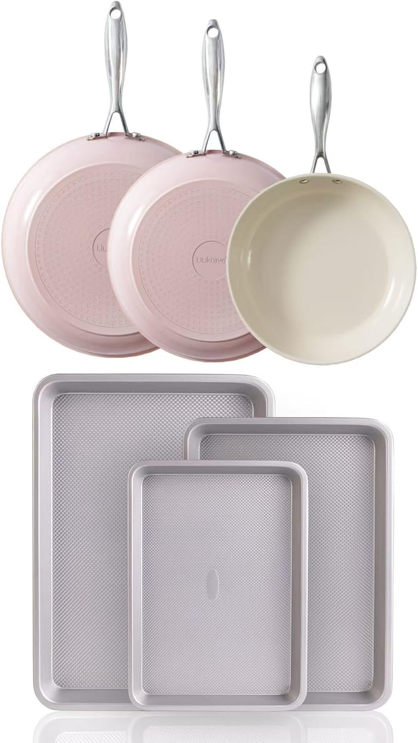 UUKRAVE Nonstick Ceramic Frying Pan Set, Nonstick Cookie Baking Sheet Set of 3, Non-Toxic, PFAS/PTFE/PFOA-Free, Dishwasher & Oven Safe, Silver, Pink