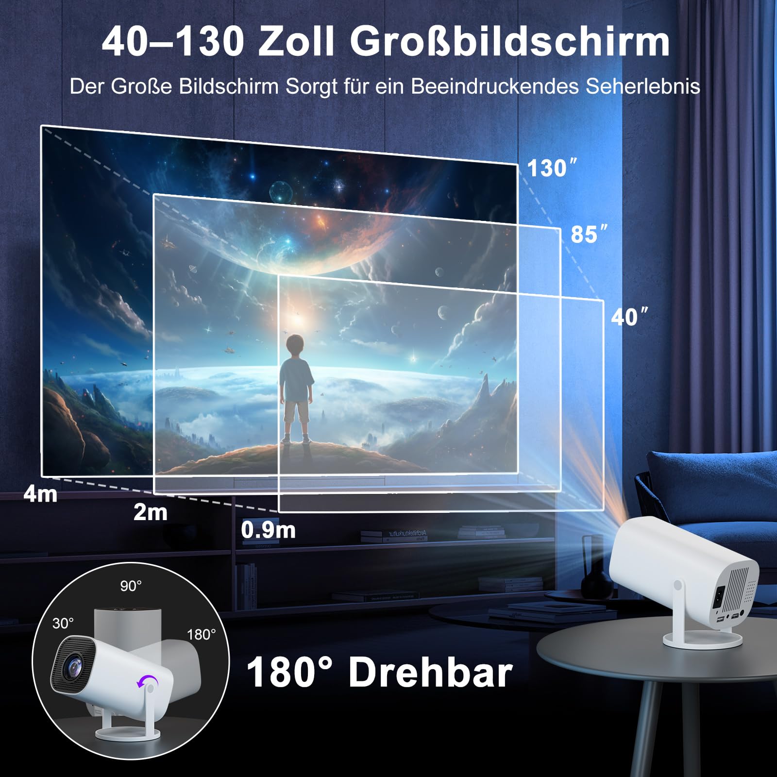 Mini proiettore Smart Full HD 1080P, piccolo proiettore home cinema con WiFi 6 e Bluetooth 5.2, supporta la correzione trapezoidale automatica, girevole a 180°, compatibile con HDMI/TV Stick/Memory