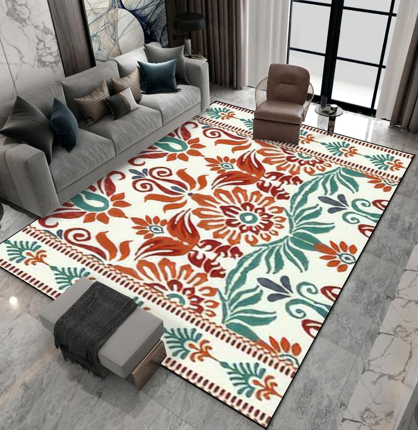 Tapis lavable facile et antidérapant floral 120x160 cm pour salon et chambre