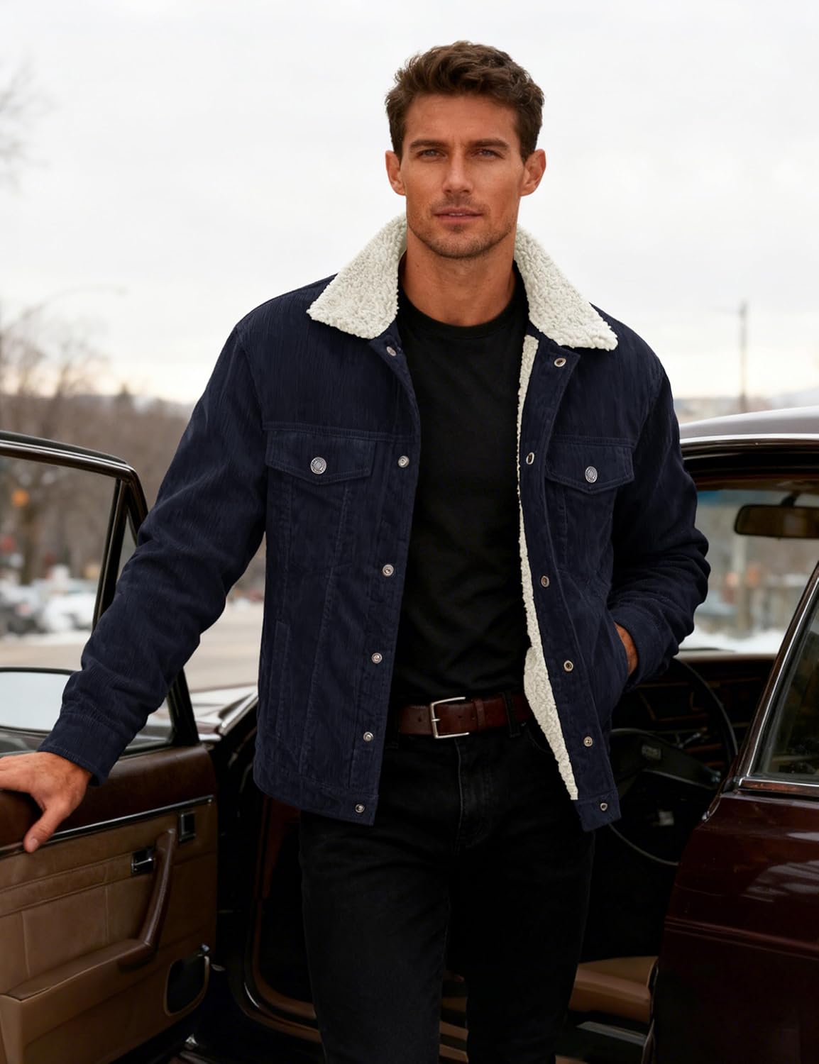 MAGCOMSEN Men's Corduroy Jacket Winter Sherpa Lined Warm Thick Trucker Cargo Coat with 5 Pockets - Image 2