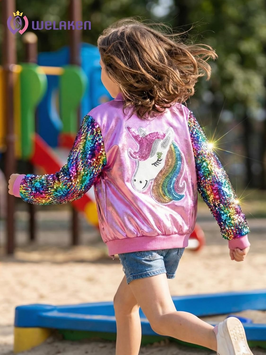 WELAKEN Girls Metallic Sequin Unicorn Bomber Jacket