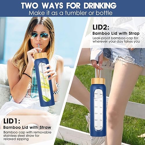 Miniatura 5 de SipZest Botella de agua de vidrio de 32 onzas con pajilla, marcador de tiempo motivacional y funda de silicona, vaso reutilizable que incluye 2