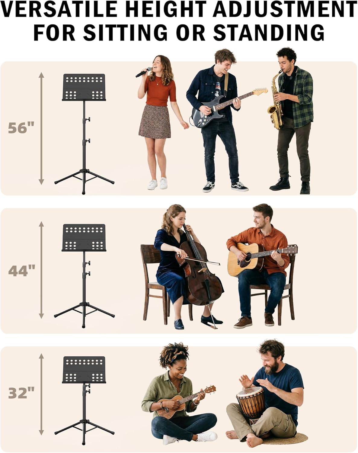 Vekkia Sheet Music Stand-Metal Professional Portable Perforated Music Stand with Carrying Bag,Folding Adjustable Music Holder,Super Sturdy suitable for Instrumental Performance & Band & Travel