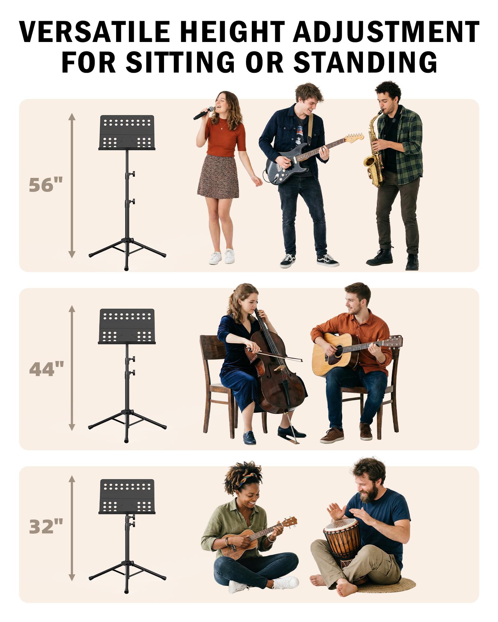 Vekkia Leggio Musicale Professionale con Borsa, Altezza 80-142 cm | Supporto Portatile per Partiture, Supporto Metallico Robusto, Ideale per Musicisti e Band