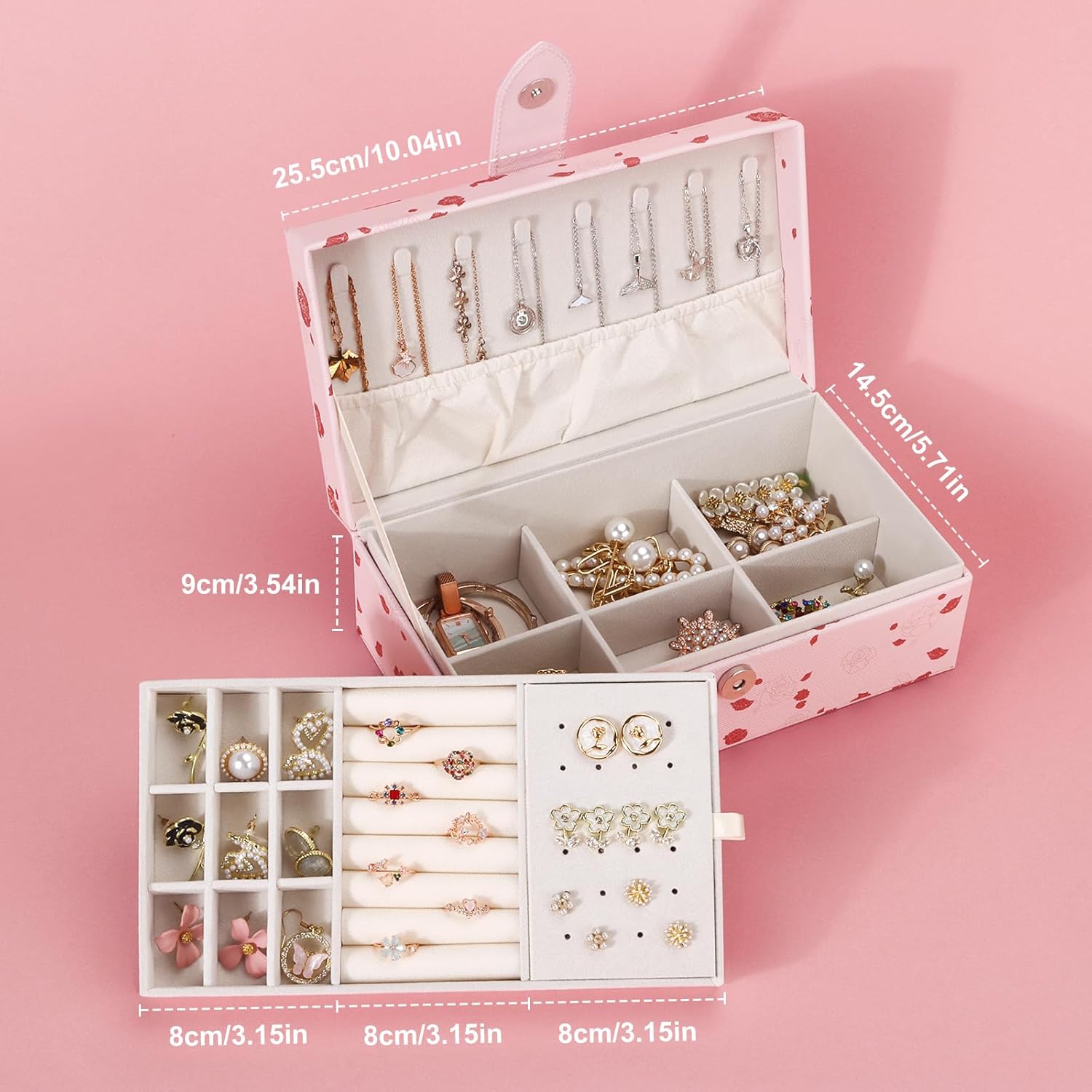 DesignSter 2 Layer Large Jewelry Box for Women, Leather Jewelry Organizer with Removable Jewelry Tray, Jewelry Storage Case for Necklaces Earrings Bracelets and Rings（Rose）