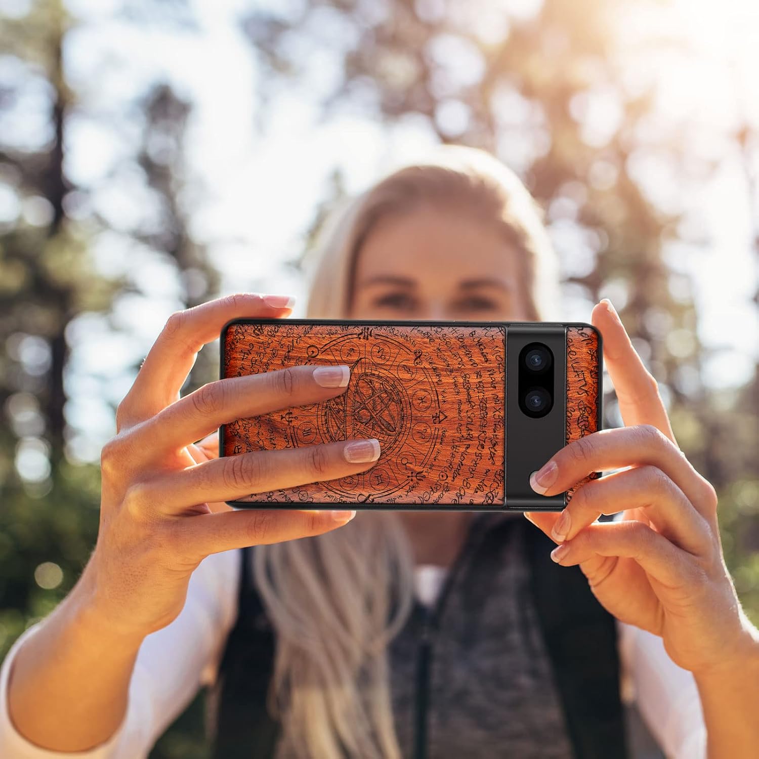 Carveit Wood Case for Pixel 8 Case [Natural Wood & Black Soft TPU] Shockproof Protective Unique Wooden Cover Compatible with Google Pixel 8 (Ptolemaic Geocentric System-Rosy)