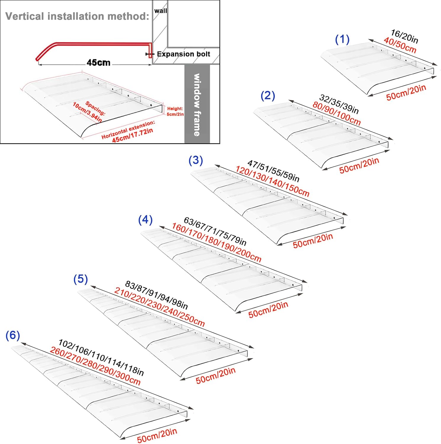 Curved Outdoor Window Rain Shelter Cover,Front Door Canopy Outdoor Awning,Window Rain Roof Cover,Rain Awning,Outdoor Garden Canopy Awnings,Transparent Polycarbonate Cover (50x120cm/20 x47)