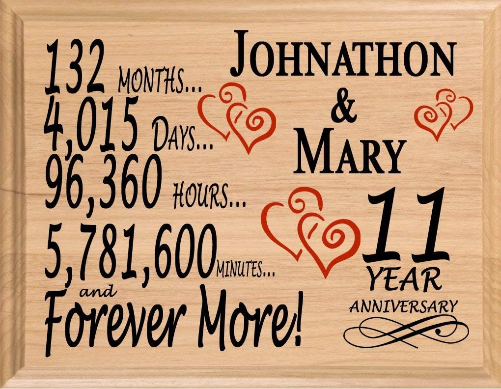 11th Anniversary Sign Gift Personalized 11 Year Wedding Anniversary Present for Wife Husband Couple - Solid Wood - Made in the USA