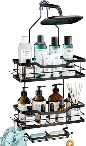 Consumest Organizador de ducha con soporte para jabón, organizador de ducha colgante sin perforaciones con 4 ganchos móviles, resistente al óxido y
