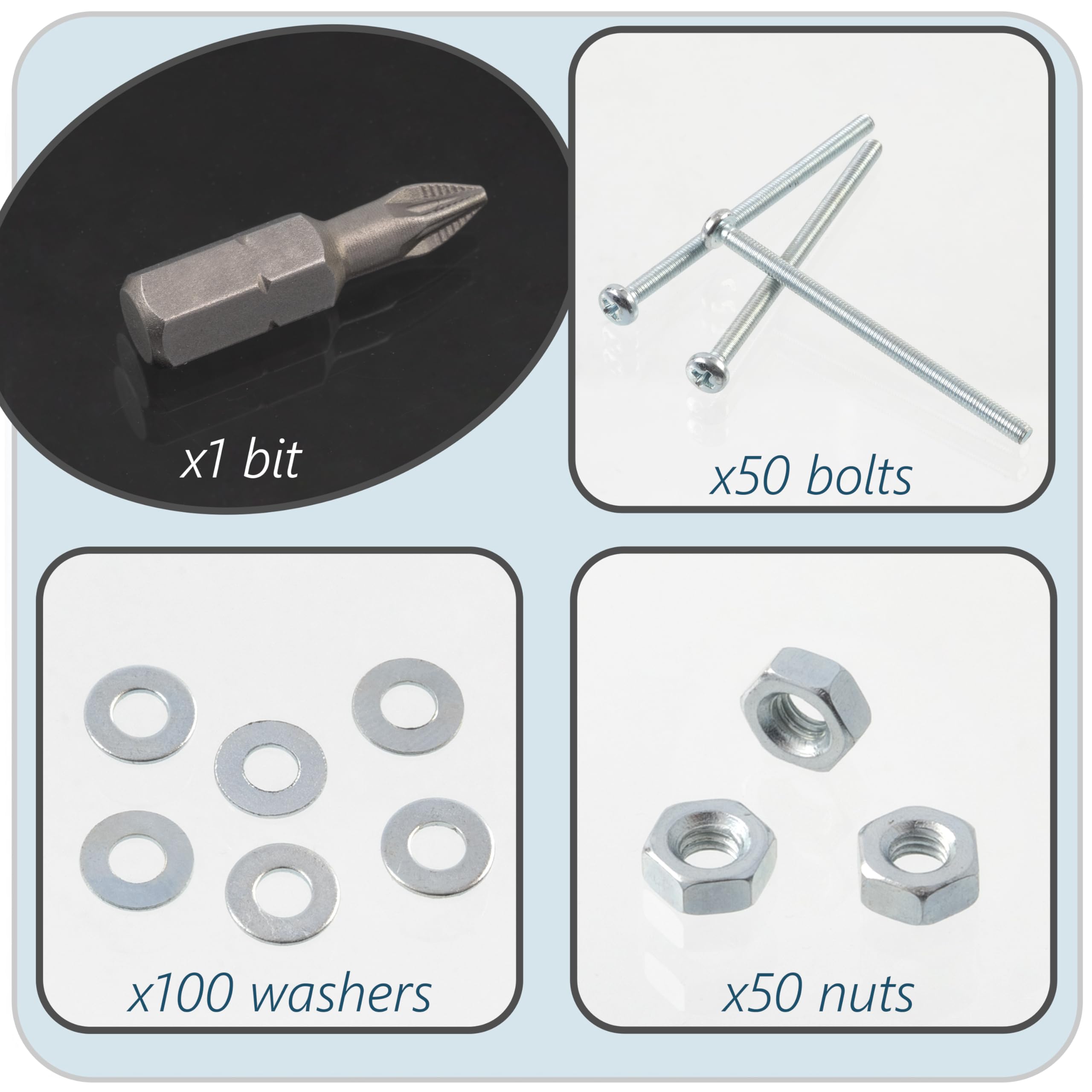 AERZETIX Kit fissaggio M3x50 mm / 50 viti metalliche / 50 dadi esagonali / 100 rondelle piatte / 1 utensile 1/4 PZ1