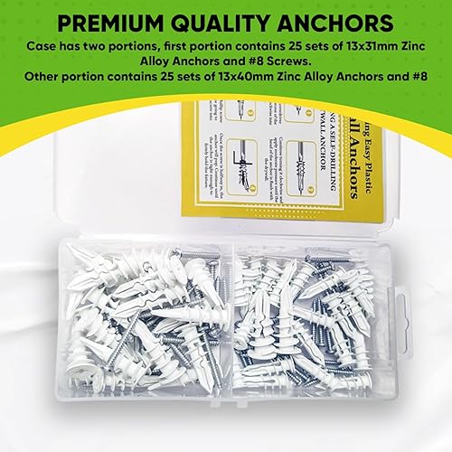 Miniatura 4 de Anclaje de plástico autoperforante para paneles de yeso con kit de tornillos, el paquete incluye 25 anclajes grandes y 25 pequeños con tornillos de