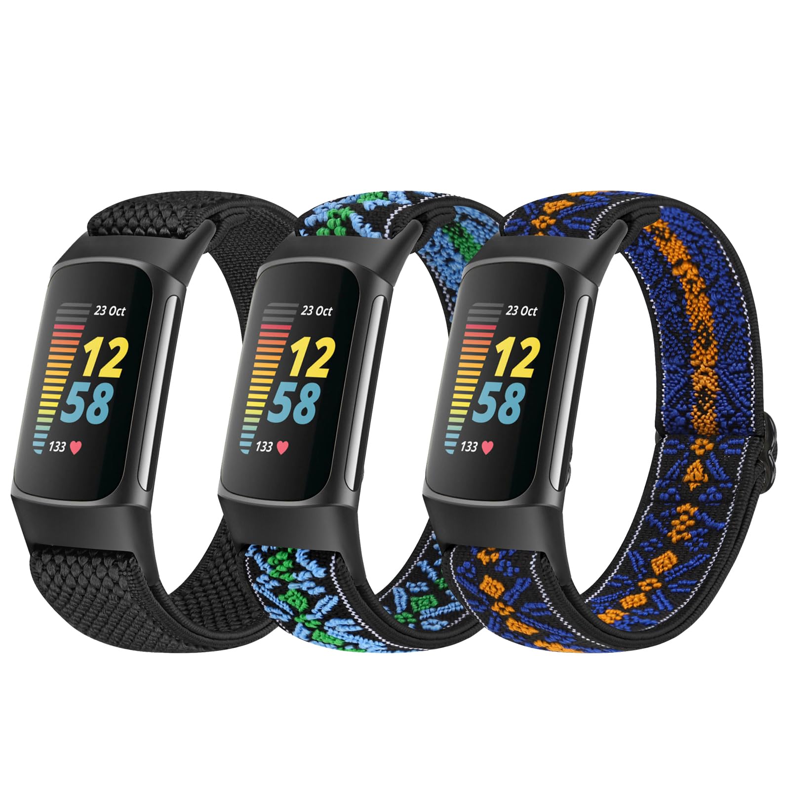 Relting Elastic Band Compatible with Fitbit Charge 6/5 Band, Stretchy Nylon Sports Replacement Wristband Women Men for Fitbit Charge 5/6 [3 Pack]