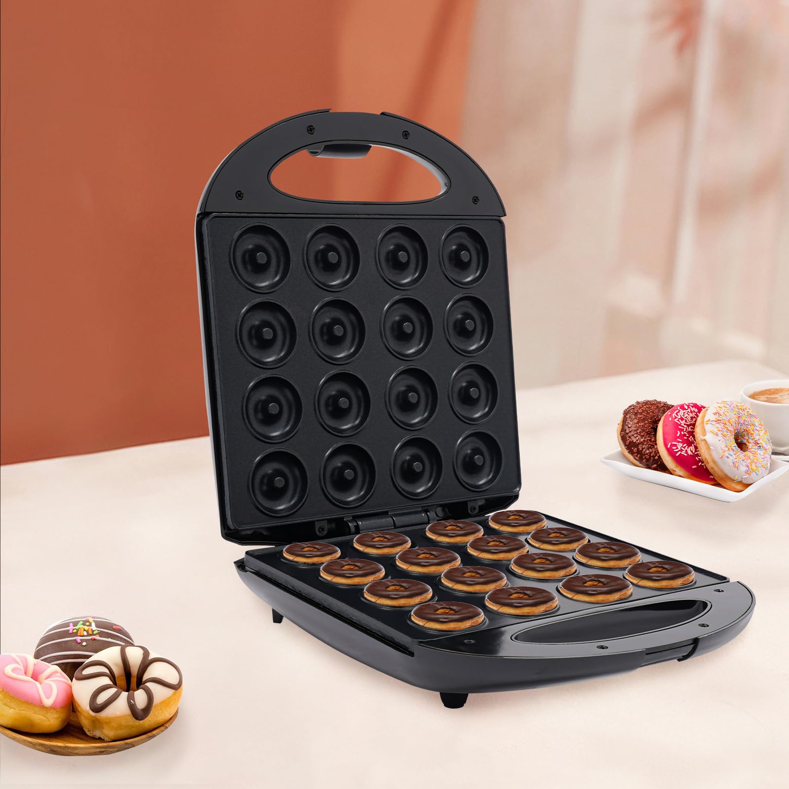 Appareil à Donuts 1400W Diamètre du Donut 4.5cm Mini-machine à Donuts pour 16 petits Donuts Revêtement Antiadhésif pour Maisons, Boulangeries, Magasins de Desserts, Restaurants