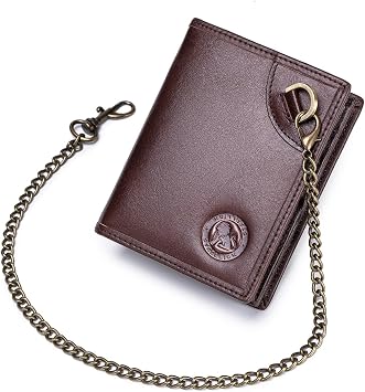 Mens Genuine Leather Wallet with 16 Card Slots RFID Blocking ID Window Steel Lion Embossed Design Vertical Bifold Wallet Vintage D-Ring Classic Style Practical Design, coffee