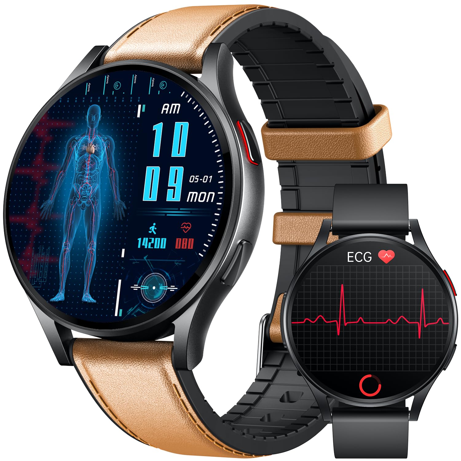 Orologio Smartwatch Uomo Cardiofrequenzimetro ECG: Orologi Intelligente 1.43“ AMOLED con HRV Pressione Sanguigna Sonno SpO2 Acido Urico Monitoraggio Sport Smart Watch Compatibile iOS e Android （Pelle）