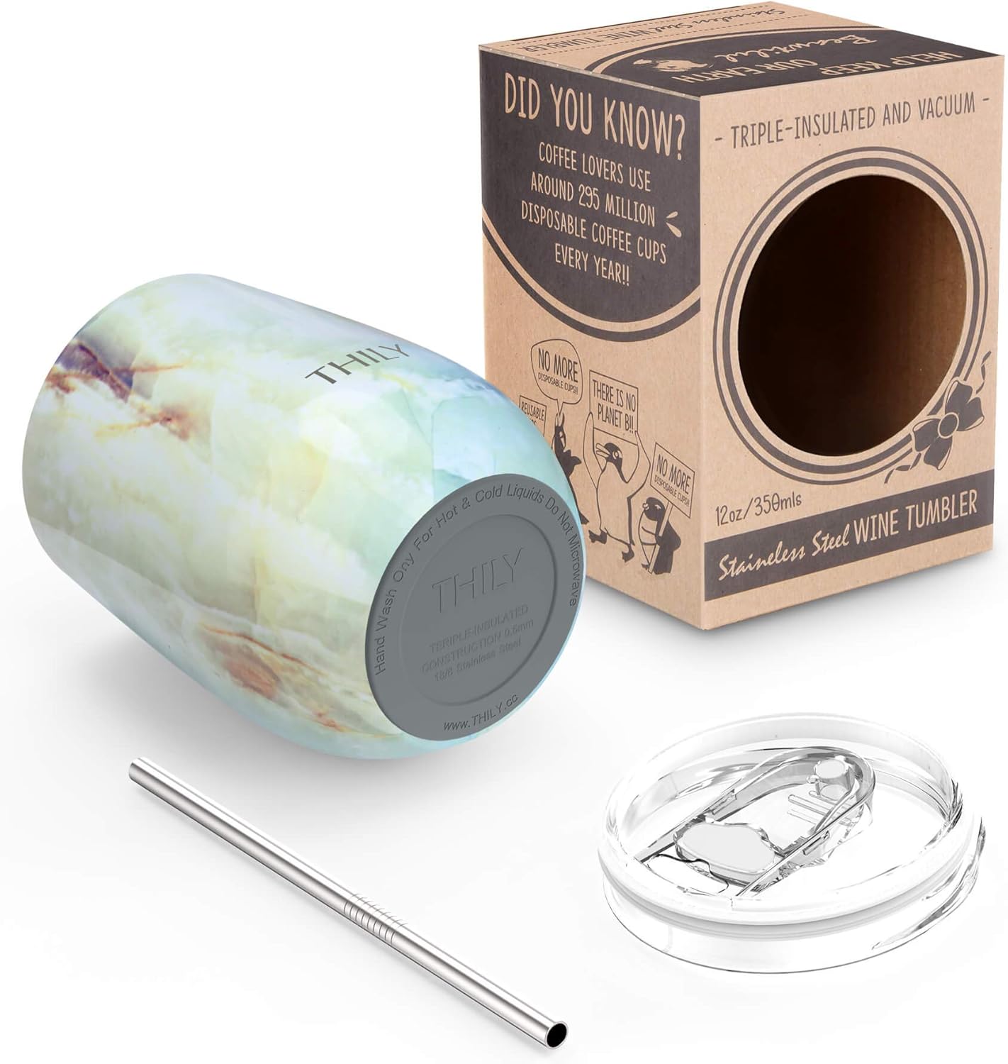 THILY Stemless Wine Tumbler Vacuum Insulated 12 oz Triple-Insulated Stainless Steel Wine Glass with Lid, Straw, Keep Cold for Coffee, Cocktails, Opal Marble - Image 4