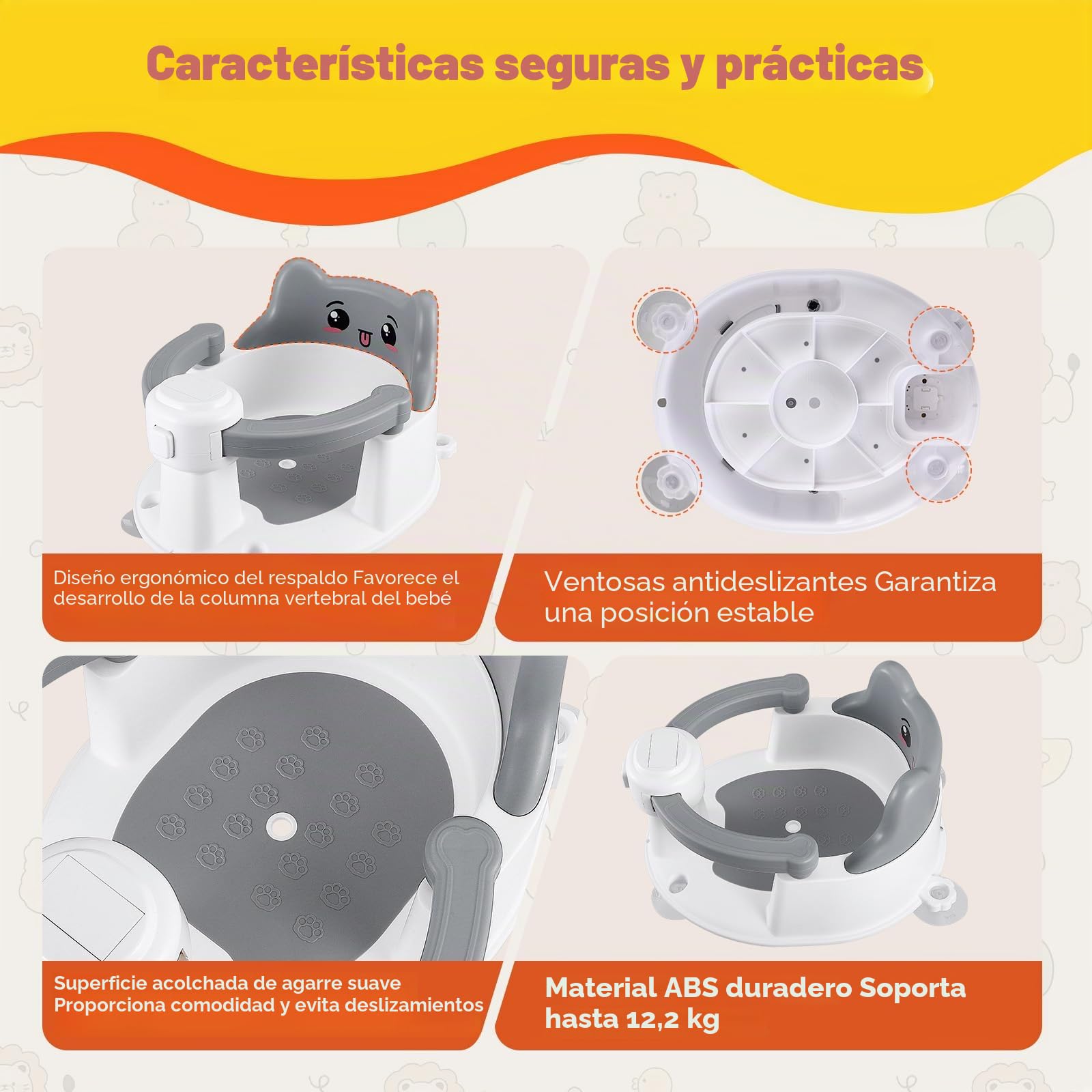 Asiento de baño ajustable y antideslizante para niños de 6 a 15 meses, soporta hasta 12 kg, 2 juguetes, ventosas, diseño ergonómico para un baño cómodo