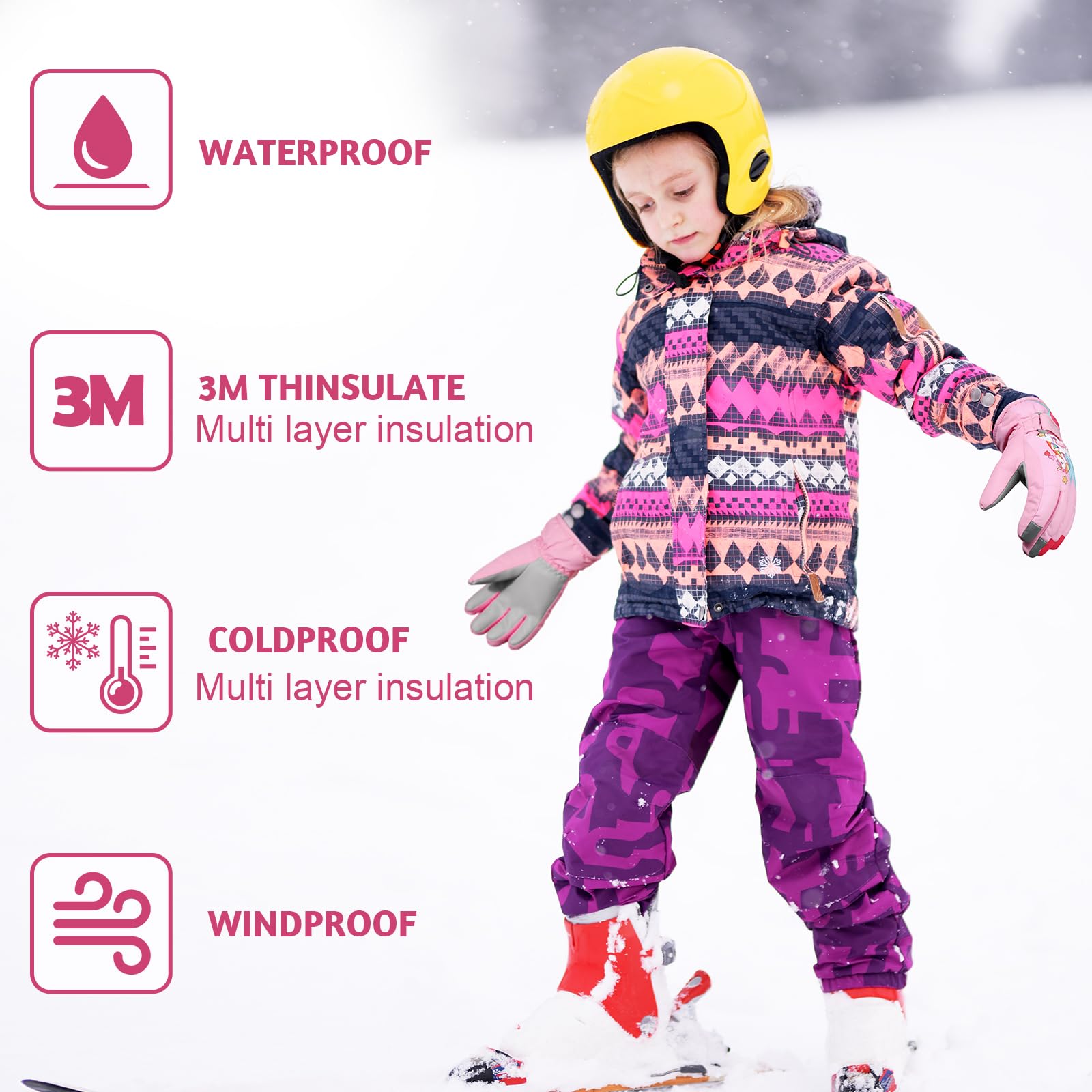 QKURT Gants de Ski pour Enfants, Gants Chauds d'hiver épais, Mitaines de Neige Coupe-Vent, Gants pour Temps Froid, Gants de Luge, Gants de Snowboard, Gants de Patinage pour Enfants de 2 à 9 Ans