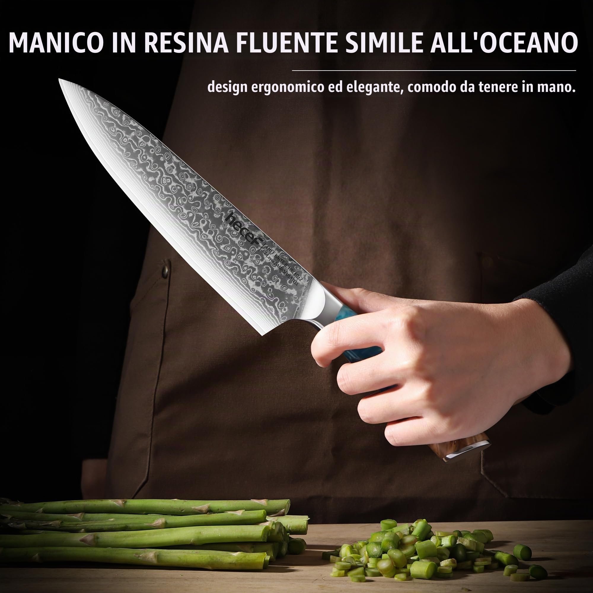 hecef Coltello Giapponese, 20 cm Coltello da Cucina Professionale con Manico Ergonomico in Resina, 67 Strati VG10 Coltello Damasco, Coltello Chef con Fodero Protettivo Della Lama